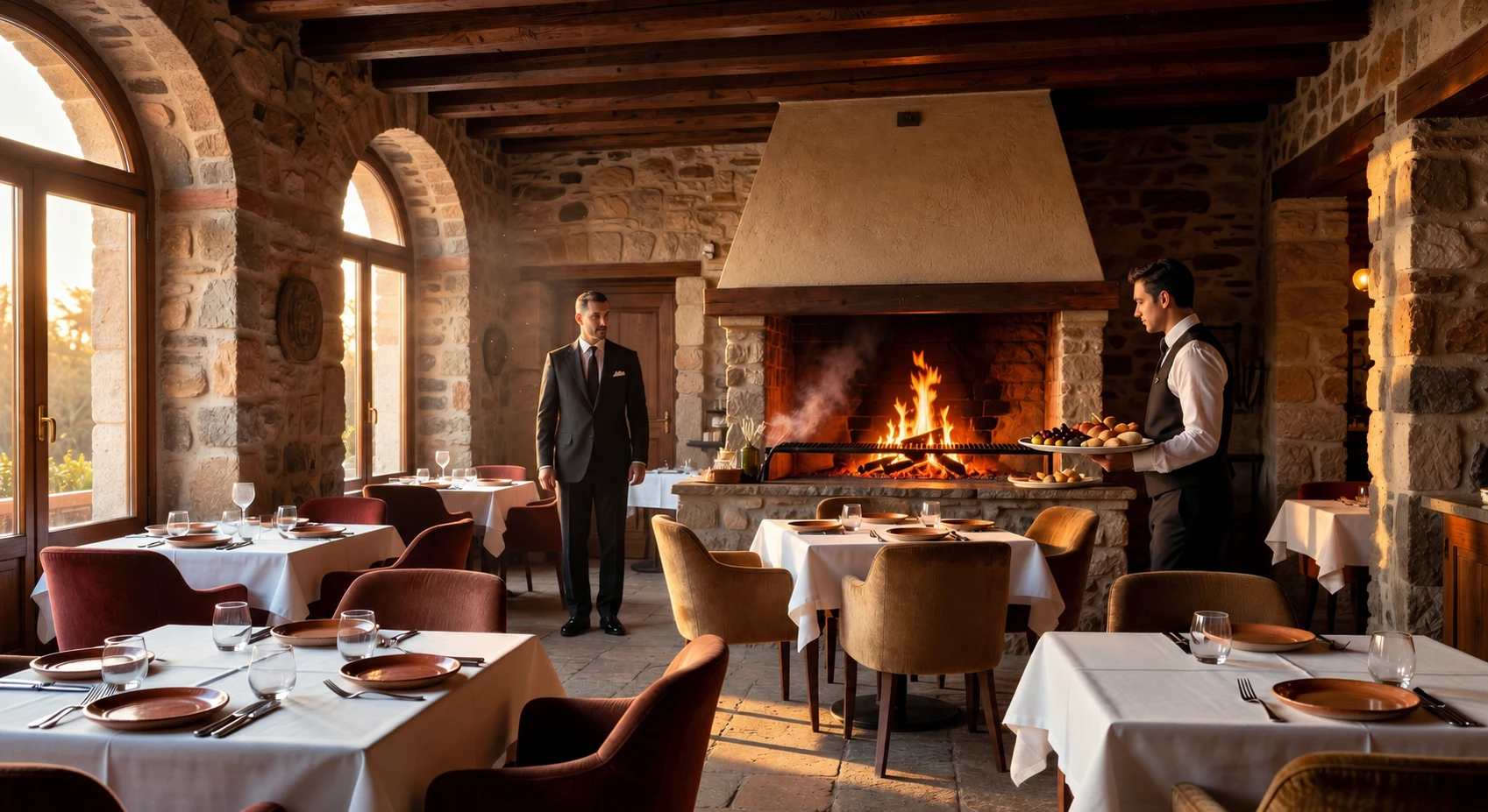 An intimate dining room lit by warm table lamps and evening light